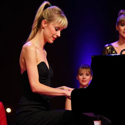 High quality candid professional  photograph featuring 25 year old #dorothée, with blonde hair ponytail, wearing an elegant black dress  she plays the piano on stage at a gala