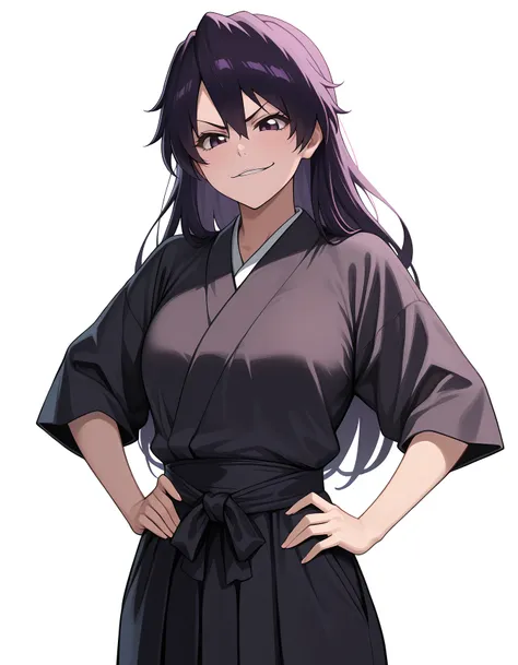 anime character with purple hair and black robe posing for picture