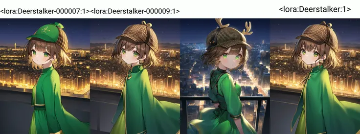 deerstalker hat, brown hair, green eyes, golden dress, 1 girl, city landscape, night time,  <lora:Deerstalker-000007:1>