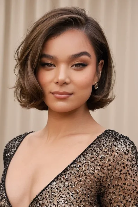 head portrait of oung woman with a light olive skin tone and bob haircut, wavy brown hair styled in a chic, side-parted fashion. She has a slender physique with a modest bust. Her expression is confident and playful, with a slight smile and her eyes lookin...