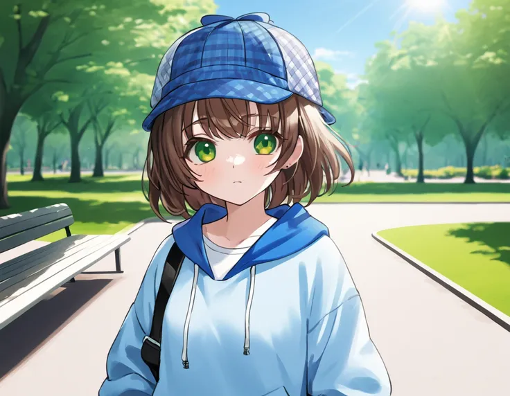 blue deerstalker hat, brown hair, green eyes, streetwear, 1 girl, park, sunny day,  <lora:Deerstalker-000007:1>