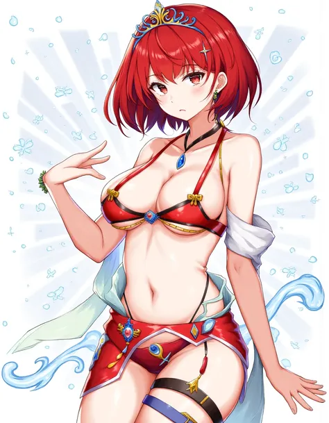 araragikoyomi, a masterpiece with amazing quality, detailed 4k illustration, pyra, xenoblade chronicles, red eyes, red hair, short hair, bob cut, (sports bikini),high-low skirt,dotera, large breasts, chest jewel, earrings, tiara, , 1girl, solo, photo backg...