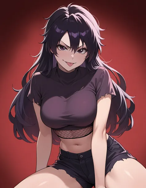 <lora:Bambietta_Basterbine_Illustrious:1>1girl, solo,
bambietta_basterbine, black hair, long hair, hair between eyes, dark purple eyes
fishnets, crop top, shorts, torn clothes, smirk, tongue out, messy hair