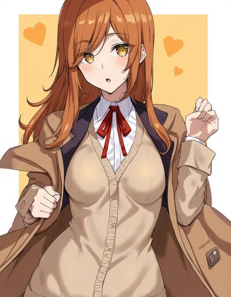 ashiomimasato, a masterpiece with amazing quality, detailed 4k illustration, amber, genshin impact, yellow eyes, brown hair, long hair, (cardigan),overcoat,suit jacket, medium breasts, red ribbon, , 1girl, solo, inner sideboob, photo background <lora:Flux_...