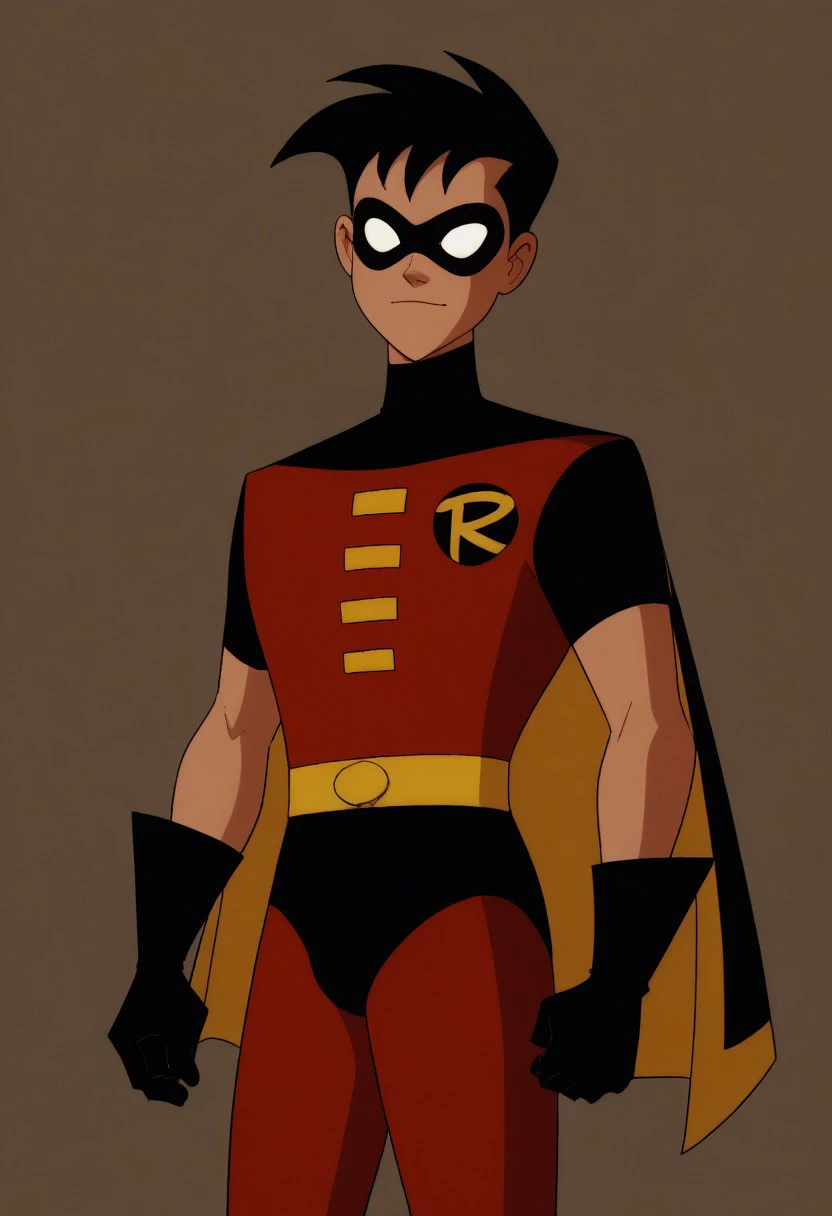 score_9, score_8_up, score_7_up, highly detailed, cute boy, 1boy, solo,  Tim_ Drake, Robin, Domino Mask, Gloves, black and yellow Cape, red pants, black briefs