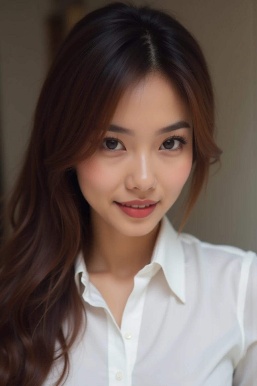 a close up of a woman with long hair wearing a white shirt,seductive_smile,