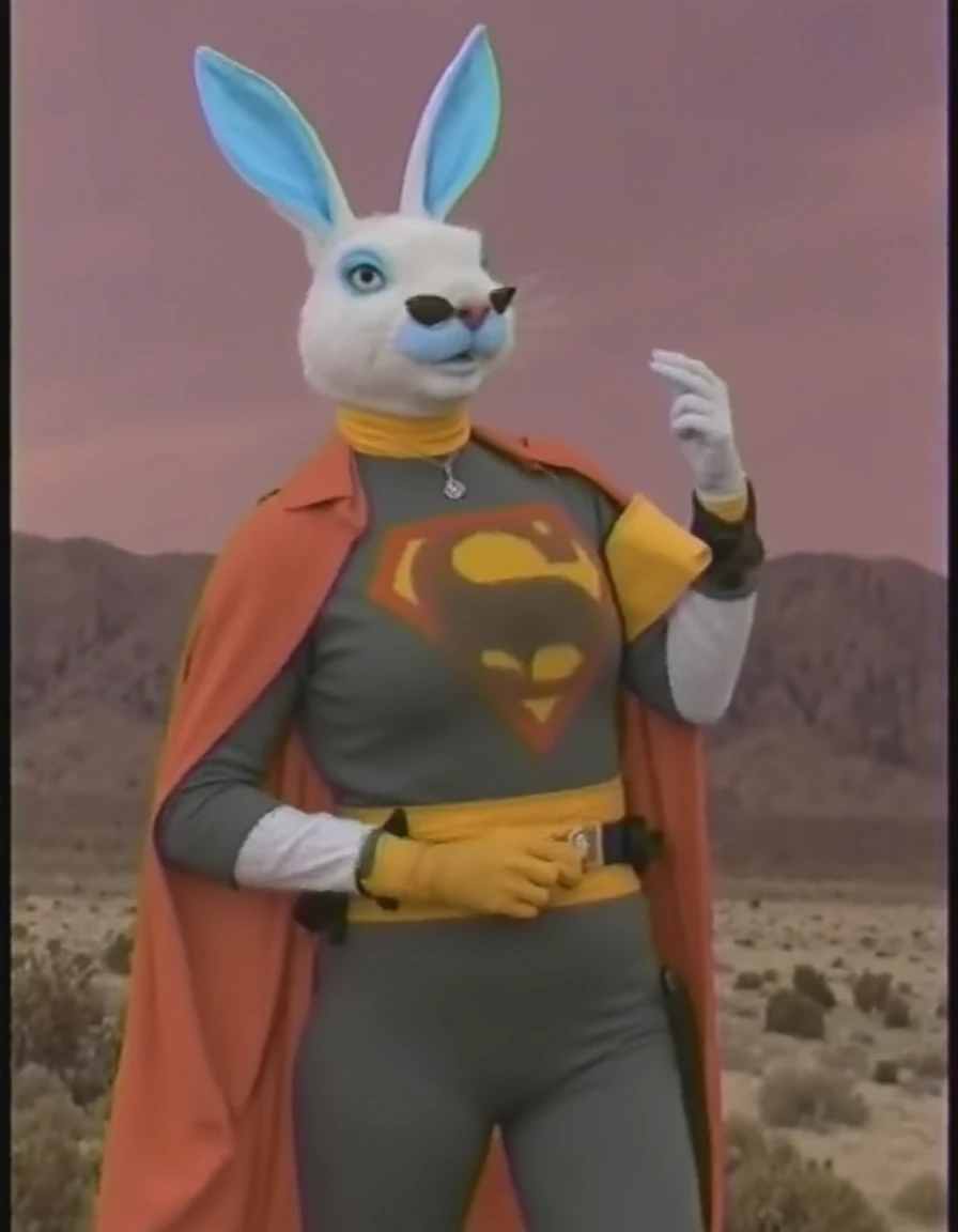 <lora:vhs_flux-000005:1>,vhslora,a rabbit dressed as super-villian,