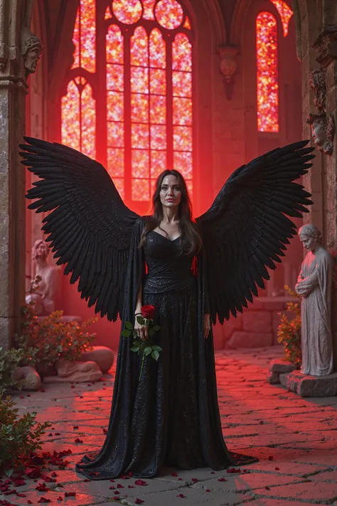 A woman with dark, majestic wings stands in an ancient stone courtyard surrounded by towering gothic arches, with windows that emit a haunting red glow. She is adorned in a flowing, midnight-black gown with intricate, shimmering patterns that catch the sof...