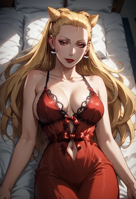 score_9, score_8_up, score_8,
 <lora:Toshiko_Inou_Juuni_Taisen_For_PonyXL:0.8> 1girl, t0shik0, solo, long hair, blonde hair, jewelry, earrings, lipstick, mole under eye, red eyes, hair bun
bedroom, laying on bed, night gown,