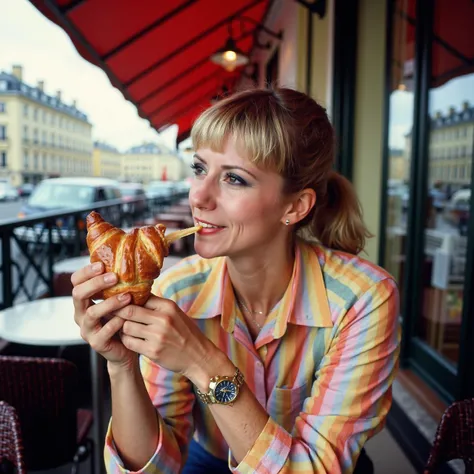 High quality candid professional closeup photograph featuring #dorothée eating a croissant sitting on the terrace of a Parisian café