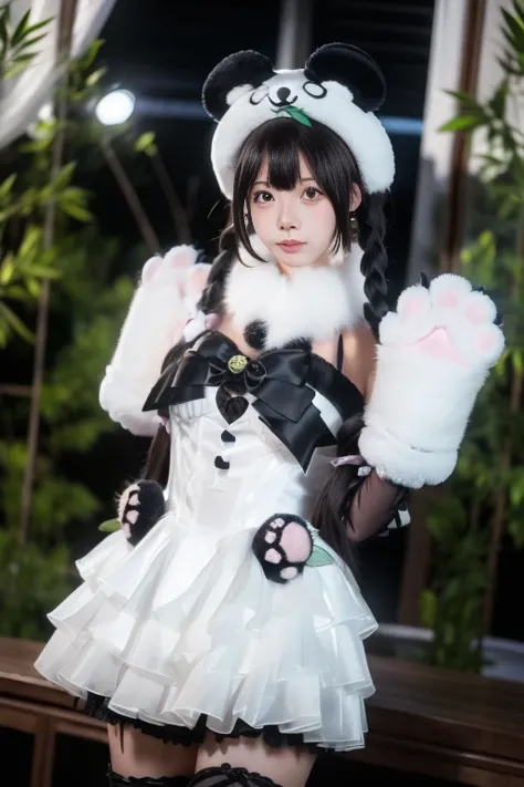 ltra-detailed,highly detailed,best quality,masterpiece,illustration, drawing, realistic, photorealistic,
shenmiao, 1girl, solo, cosplay, 
panda costume, animal costume, dress, thighhighs, 
gloves, bare shoulders, fur trim, jewelry, paw gloves, frills, 
lon...