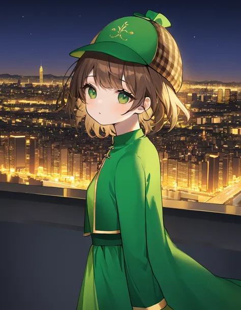 deerstalker hat, brown hair, green eyes, golden dress, 1 girl, city landscape, night time,  <lora:Deerstalker-000007:1>