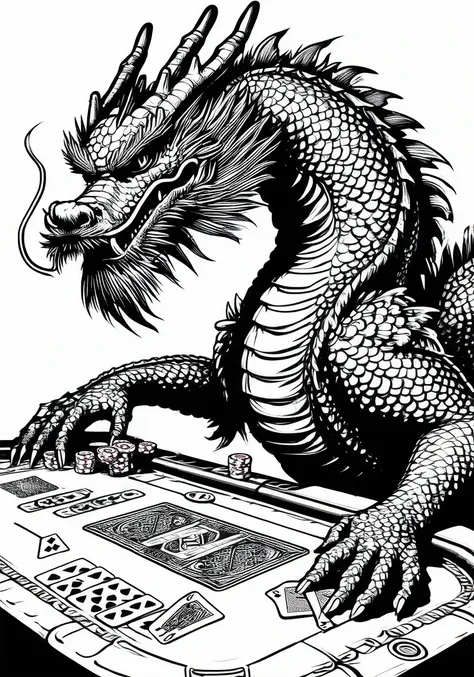 lineartlora,this image features a dragon playing poker in casino