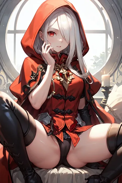 masterpiece, best quality, ultra-detailed, glistening shiny, glowing light, ray tracing, HDR, deph of field, (perfect face, detailed face), <lora:NestArgenta:0.7>, argenta, hair over one eye, red eyes, red hooded cloak, red short dress, thigh boots, bridal...