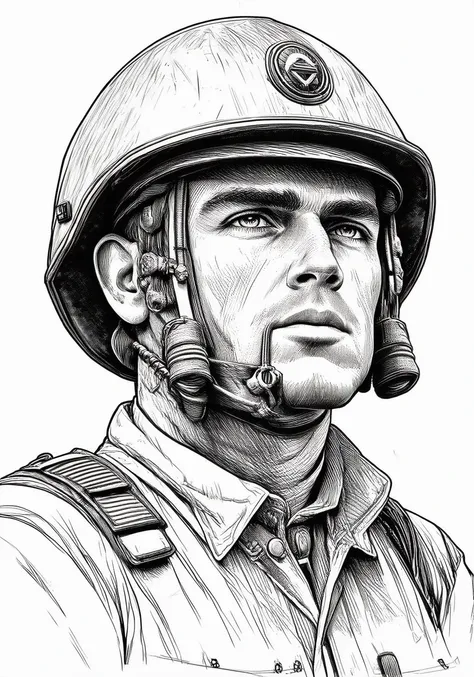 lineartlora,this image features a lineart portrait of a soldier during ww2