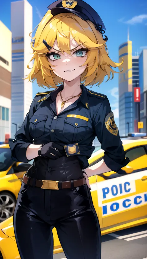 face, 1girl, sexy, looking_at_viewer, 
dokibounty, yellow hair,

(police_uniform), 
policewoman, 
angry, 
skindentation, 