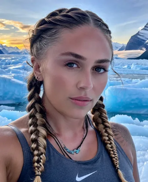 closeup portrait of a young sexy 1gril with multiple braids hair in Ice fields and glaciers, Outdoor lighting, Bleakly optimistic atmosphere, sharp eyes, <lora:Lauren:1>