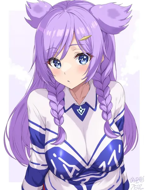 ashiomimasato, a masterpiece with amazing quality, detailed 4k illustration, purple heart, neptune series, blue eyes, symbol-shaped pupils, purple hair, very long hair, twin braids,, (fur-trimmed sweater),hockey sweater,cropped sweater, large breasts,, d-p...