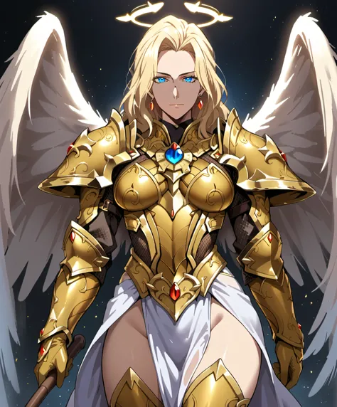 1girl,uncensored,looking at viewer,closed mouth,,solo,,source_anime, blonde hair, wings,blue eyes,angel wings, 

armor,  gold armor,cowboy shot