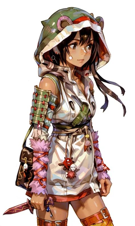 standing, aeterna, 1girl, brown eyes, brown hair, short hair, face plaster, animal hood, hooded jacket, detached sleeves, shoulder armor, keychain, thighhighs, thigh belts, shoes, shoulder bag, dagger, 