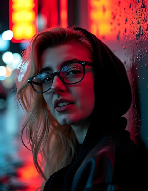 In a gritty, neo-noir cityscape under the dim glow of a rain-drenched neon sign, the woman named SPL1SHB13 is captured in a striking close-up portrait. Her eyes are hidden behind thick, reflective glasses that mirror the glistening wet pavement below, her ...