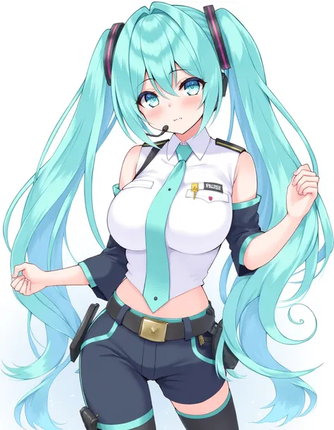 hisenkaede, a masterpiece with amazing quality, detailed 4k illustration, hatsune_miku, vocaloid, aqua eyes, aqua hair, very long hair, twintails, (detached pants),harem outfit,police uniform, medium breasts, [small breasts], headset, , 1girl, solo, pretty...