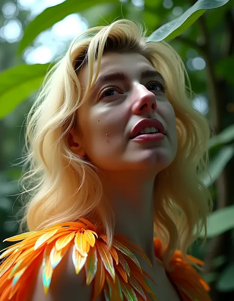 In a vibrant, surrealist tableau set within the heart of a lush, verdant Amazon rainforest, SPL1SHB13 captures a striking close-up image of a woman with a cascade of golden blonde hair adorned in an exquisite, ethereal gown of iridescent feathers that seem...