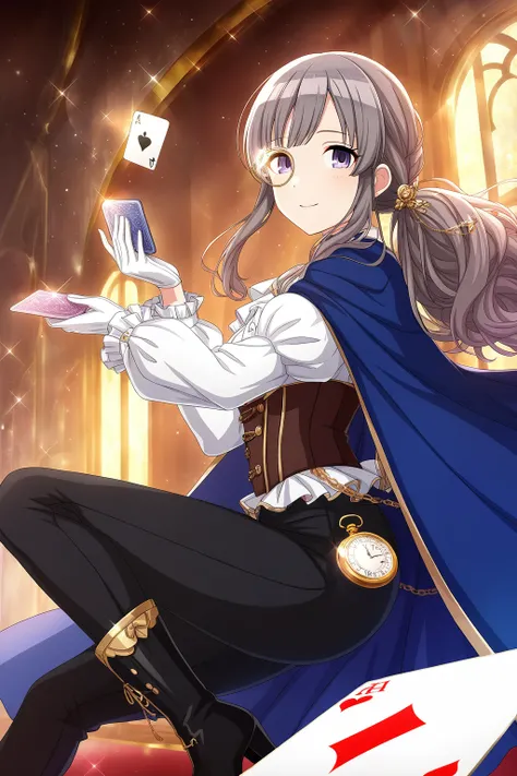 <lora:YukokuKiriko:0.8>, Yukoku Kiriko, 1girl, solo, pants, gloves, frilled sleeves, boots, monocle, white gloves, looking at viewer, shirt, cape, long sleeves, high heels, white shirt, black pants, black footwear, frills, sparkle, holding, gold trim, pock...