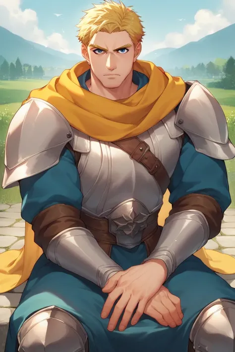 score_9, score_8_up, score_7_up, source_anime, anime, anime coloring, 1man, lupa,blonde hair,blue eyes,yellow scarf,armor, bara, muscular, solo, manly, adult, pale skin, sitting, medieval, stern, looking at viewer