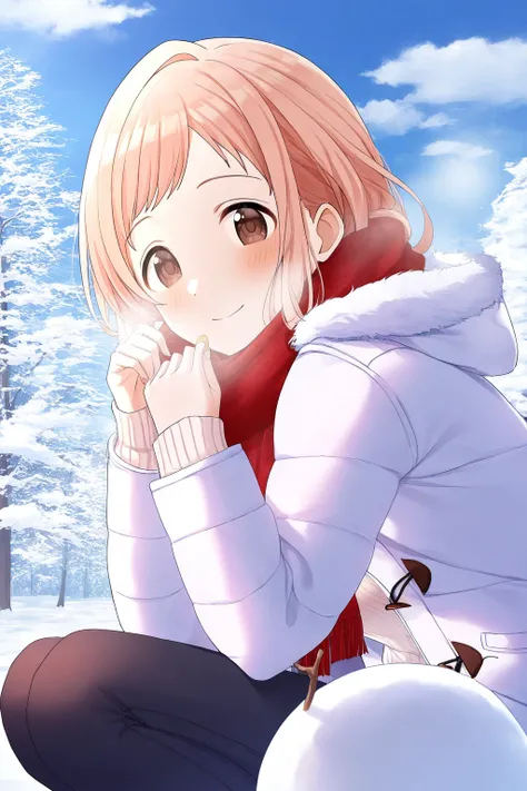 <lora:SakuragiMano:0.8>, Sakuragi Mano, 1girl, snowman, solo, white sweater, outdoors, scarf, smile, sweater, coat, day, squatting, snow, red scarf, fur trim, sky, long sleeves, turtleneck, turtleneck sweater, white coat, ribbed sweater, winter clothes, bl...