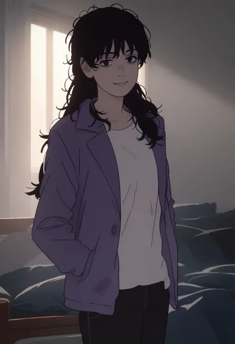 score_9_up, score_8_up, score_7_up, score_6_up, BREAK Fuj1noLB, 1girl, black hair, long hair, messy hair, black pant, white shirt, purple jacket, standing, bedroom, daytime, bright lighting, facing viewer, looking at viewer, smile, beautiful background, be...