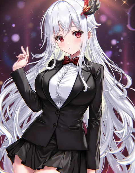 rannou, a masterpiece with amazing quality, detailed 4k illustration, graf zeppelin, azur lane, red eyes, white hair, very long hair, sidelocks, (miniskirt),tuxedo,casual, huge breasts, large breasts,, , 1girl, solo, photo background <lora:Flux_rannou_v1_g...