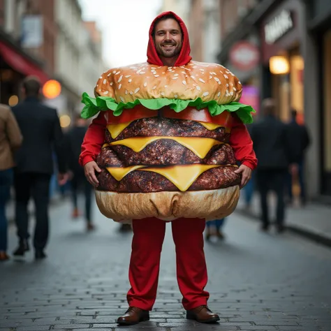 7_Hamburger Costume Funny Food Party Halloween Suit,a man standing on street,realistic,