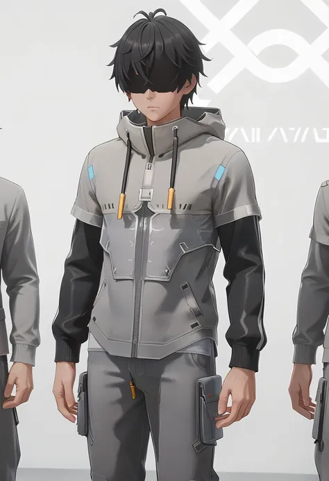 bunsekiin,black hair,grey pants,grey jacket,(hood up),faceless male, <lora:Bunsekiin:0.7>