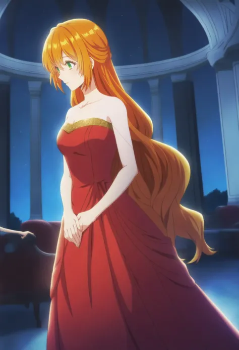 <lora:Raeliana McMillan - [Kanojo ga Koushaku-tei ni Itta Riyuu] - illustriousXL v1:1>, sysdeep_raeliana, orange hair, green eyes,, elegant gown, walking, ballroom, graceful, night