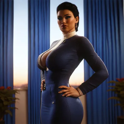 score_9, score_8_up, score_7_up, 1girl, solo, curtains, black hair, blue eyes, big breast, big ass, hand on hip, earrings, blue dress, long sleeves, office room, black eyes, parted lips, realistic, lips, sky