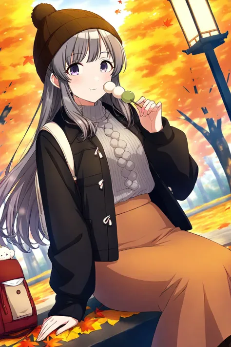 <lora:YukokuKiriko:0.8>, Yukoku Kiriko, 1girl, food, beanie, hat, dutch angle, solo, holding, sitting, skirt, pantyhose, bag, autumn leaves, holding food, outdoors, looking at viewer, autumn, pom pom (clothes), wagashi, jacket, brown skirt, sweater, long s...