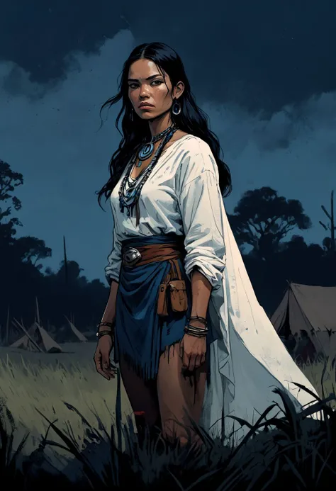 woman cheyenne, High contrast, minimalistic, colored black and grungy white, stark, dramatic, graphic novel illustration, hatching, traditional outfits, grassy landfields, seminole war complexe native camp background, full of details, midnight blue, warm g...