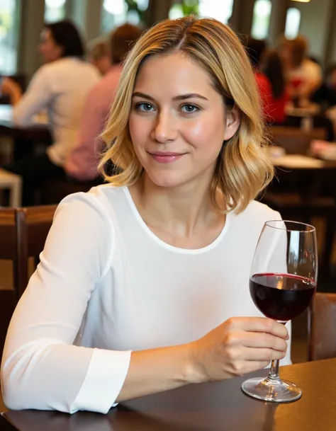 the image shows a woman sitting at a table in a restaurant. she is holding a glass of red wine in her hand and is looking direct...