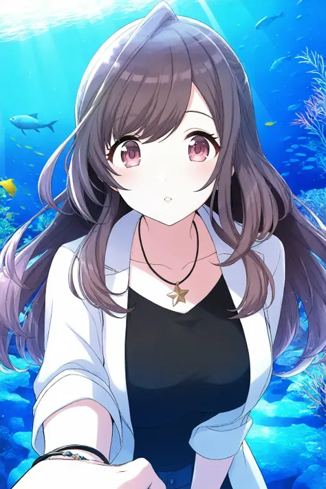 <lora:TsukiokaKogane:0.8>, Tsukioka Kogane, 1girl, jewelry, reflection, necklace, looking at viewer, bracelet, shirt, collarbone, fish, pov, jacket, plant, female pov, parted lips, pov hands, solo, aquarium, star necklace, black shirt, solo focus, breasts,...