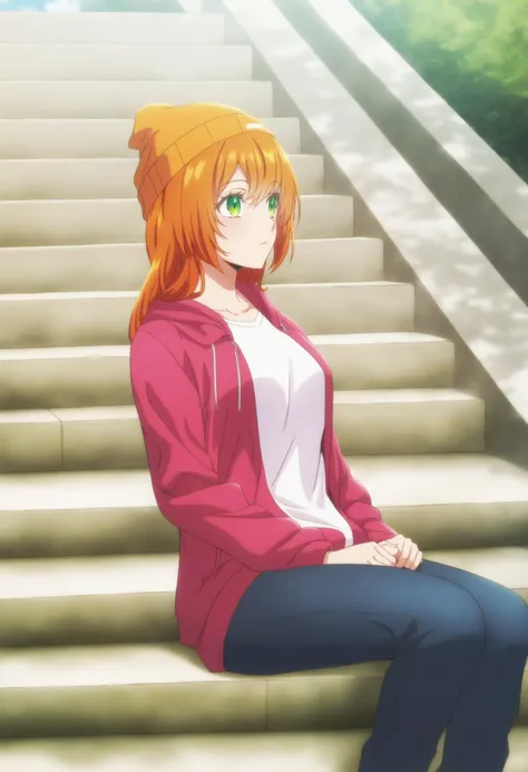 <lora:Raeliana McMillan - [Kanojo ga Koushaku-tei ni Itta Riyuu] - illustriousXL v1:1>, sysdeep_raeliana, orange hair, green eyes,, beanie, sitting, on the steps, looking thoughtful, day