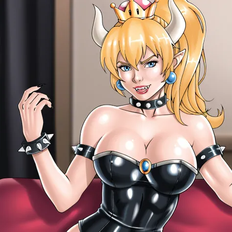 <lora:medsonlima_pony_v1:1> score_9, medsonlima_style, medsonlima, source_artwork, traditional media    <lora:bowsette_pony_v1:.6> Bowsette, 1girl, bowsette, jewelry, earrings, horns, spikes, cleavage, blue eyes, ponytail, chain, bangs, leather, fangs, lar...