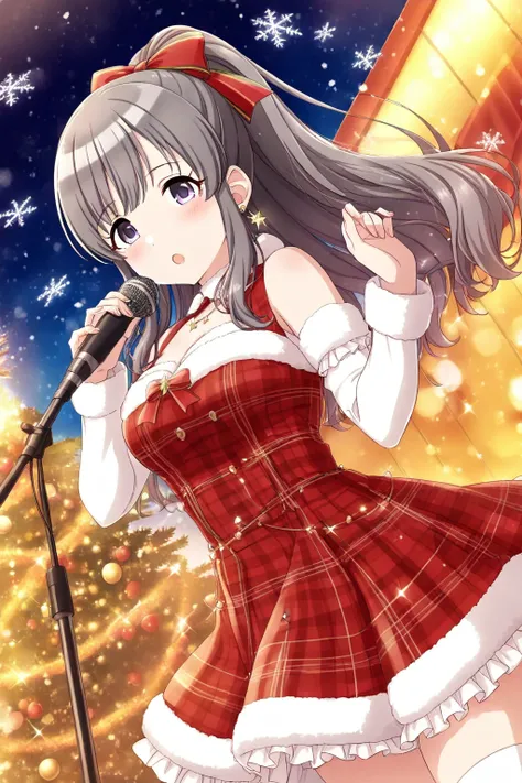 <lora:YukokuKiriko:0.8>, Yukoku Kiriko, 1girl, microphone stand, bow, fur trim, solo, earrings, looking at viewer, detached sleeves, frills, dress, jewelry, :o, holding, hair bow, dutch angle, open mouth, microphone, snowing, snowflakes, thighhighs, christ...