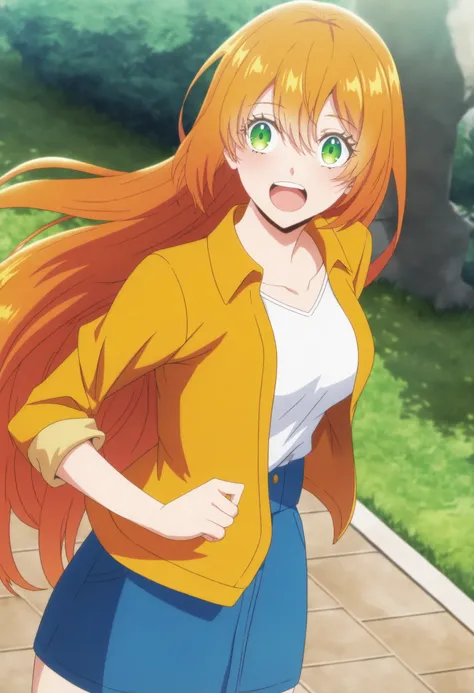 <lora:Raeliana McMillan - [Kanojo ga Koushaku-tei ni Itta Riyuu] - illustriousXL v1:1>, sysdeep_raeliana, orange hair, green eyes,, denim skirt, standing, in the wind, playful, day