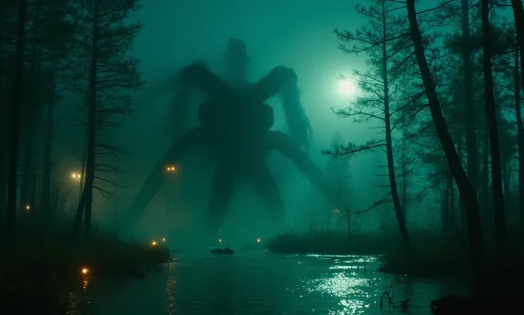 Cthulhu in a swamp with green mist and eerie fireflies and eerie moonlight