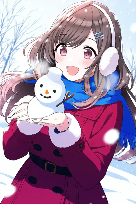 <lora:TsukiokaKogane:0.8>, Tsukioka Kogane, 1girl, snowman, earmuffs, solo, smile, scarf, snow, blush, hair ornament, open mouth, snowing, winter, fur trim, outdoors, blurry foreground, leaf, scrunchie, depth of field, hairclip, dutch angle, blurry backgro...