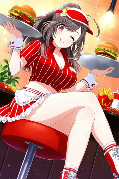 <lora:TsukiokaKogane:0.8>, Tsukioka Kogane, 1girl, visor cap, burger, one eye closed, tray, tongue out, skirt, food, red shirt, holding, shirt, crop top, tongue,breasts, crossed legs, skates, solo, roller skates, holding tray, frilled skirt, sitting, short...