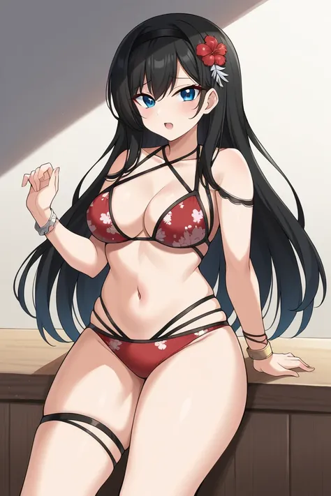 1girl,solo, long hair, black hair, blue eyes,hairband,black hairband,looking at viewer,medium breasts,thighs,swimsuit_oc1,bikini, floral print, multi-strapped bikini, red bikini, swimsuit, bracelet, jewelry, sidelocks, thigh strap, hair ornament,large brea...