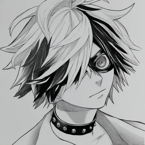 1boy,portrait,looking at viewer,ink,halftone,manga,hatching (texture),eyemask,two-tone hair,choker,grayscale,monochrome