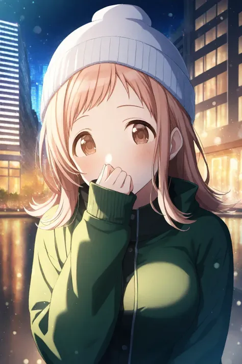 <lora:SakuragiMano:0.8>, Sakuragi Mano, 1girl, solo, hat, beanie, looking at viewer, upper body, long sleeves, hand over own mouth, covering own mouth, white headwear, building, jacket, city, night, outdoors, reflection, skyscraper, light particles, sleeve...